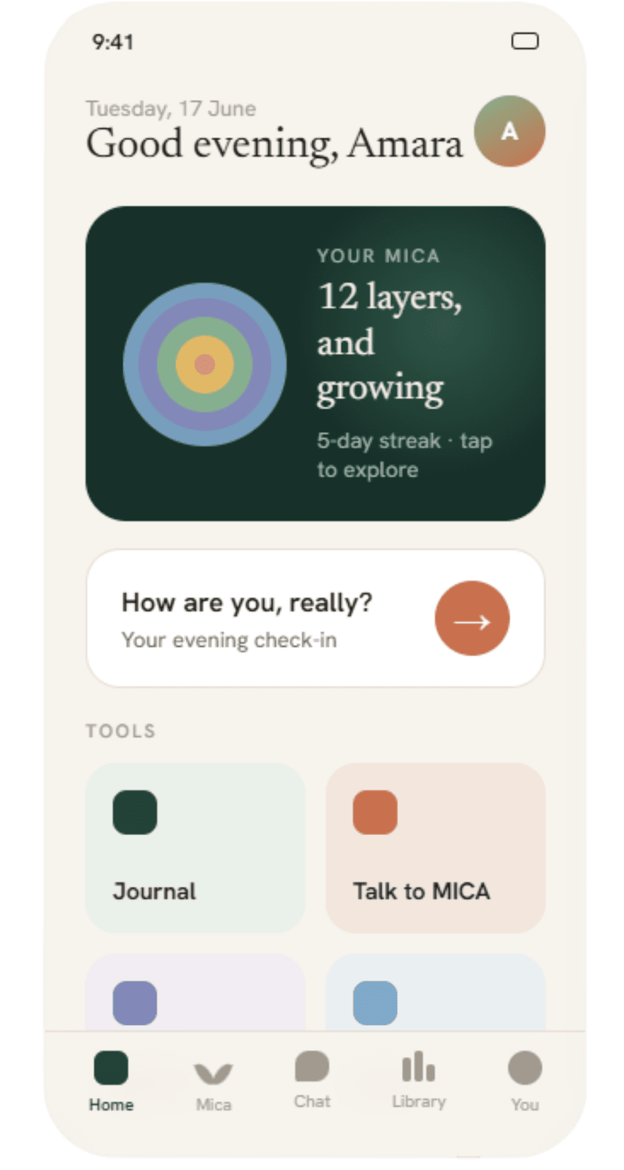 MICA home screen with mood layers