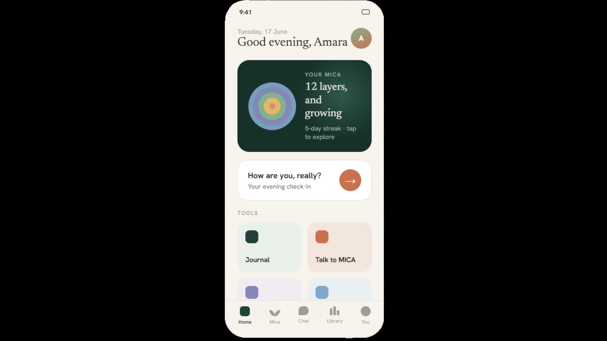Mood check-in screen of the MICA app
